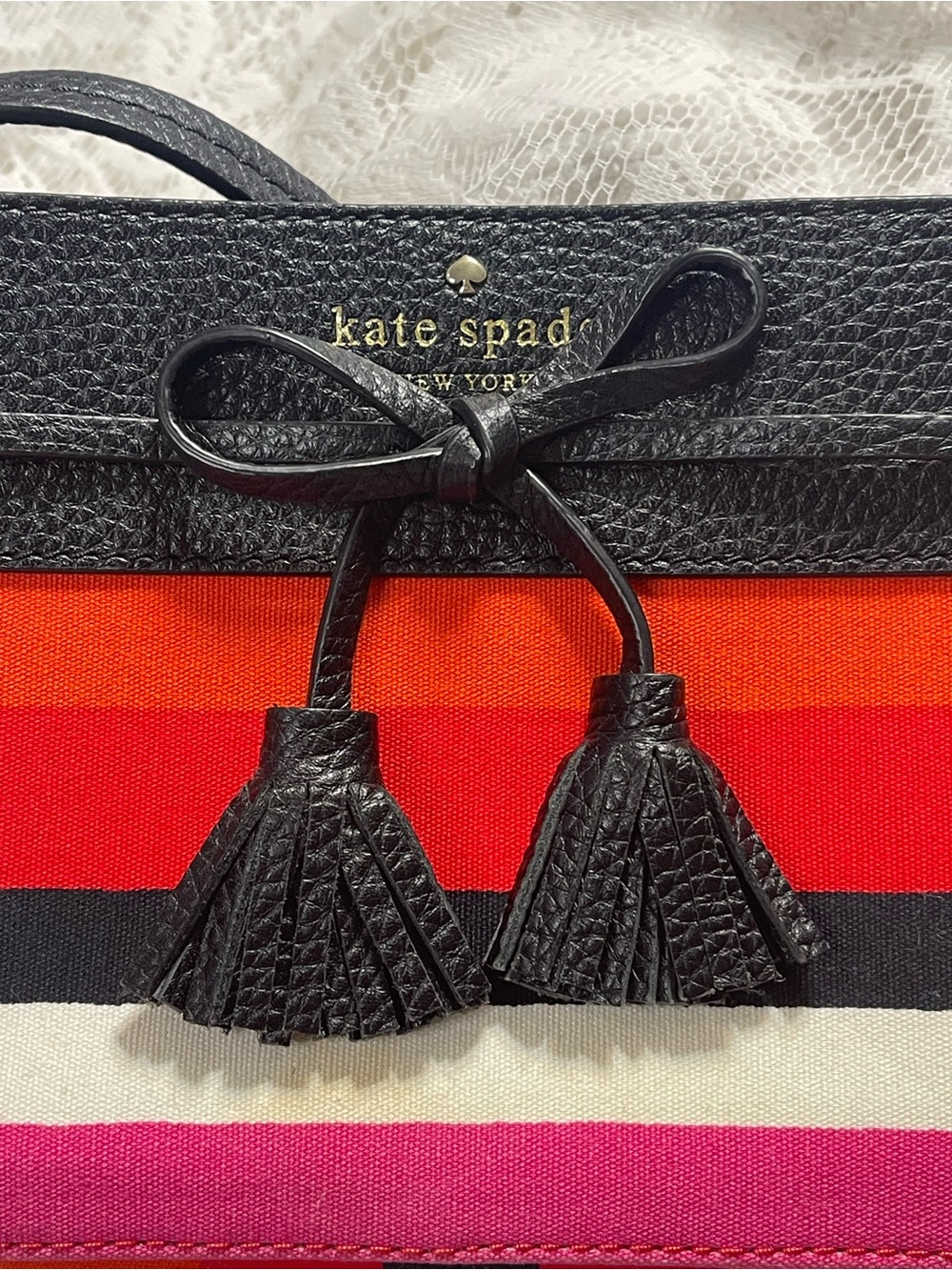 NWT Kate Spade NY Hayes black leather small canvas leather crossbody strips - Picture 2 of 11